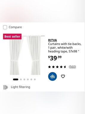 IKEA Ritva White Tie-Back Curtains - Light Filtering Pair 57x98